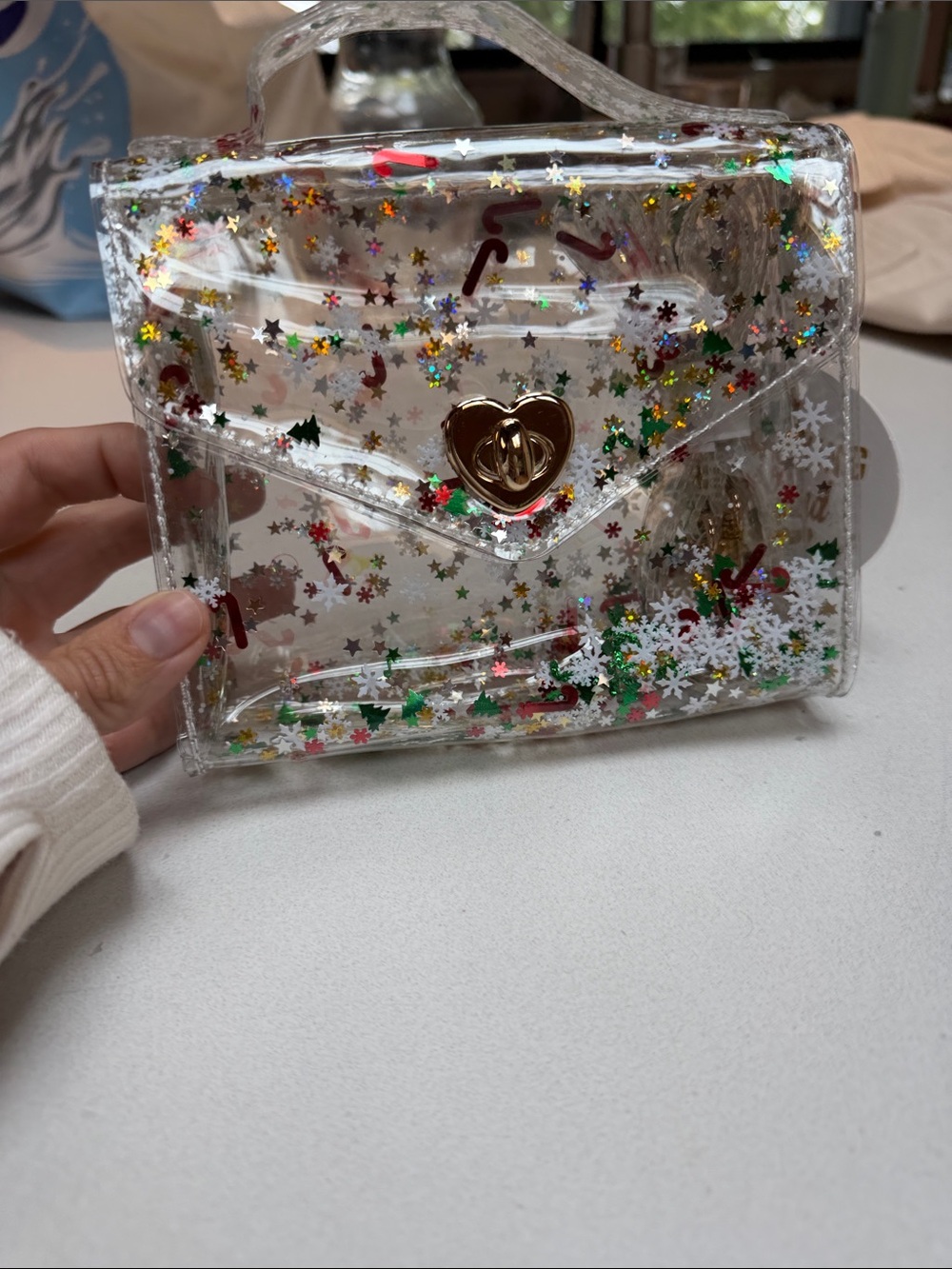 Clear Glitter Holiday Mini Handbag with Gold Heart Lock